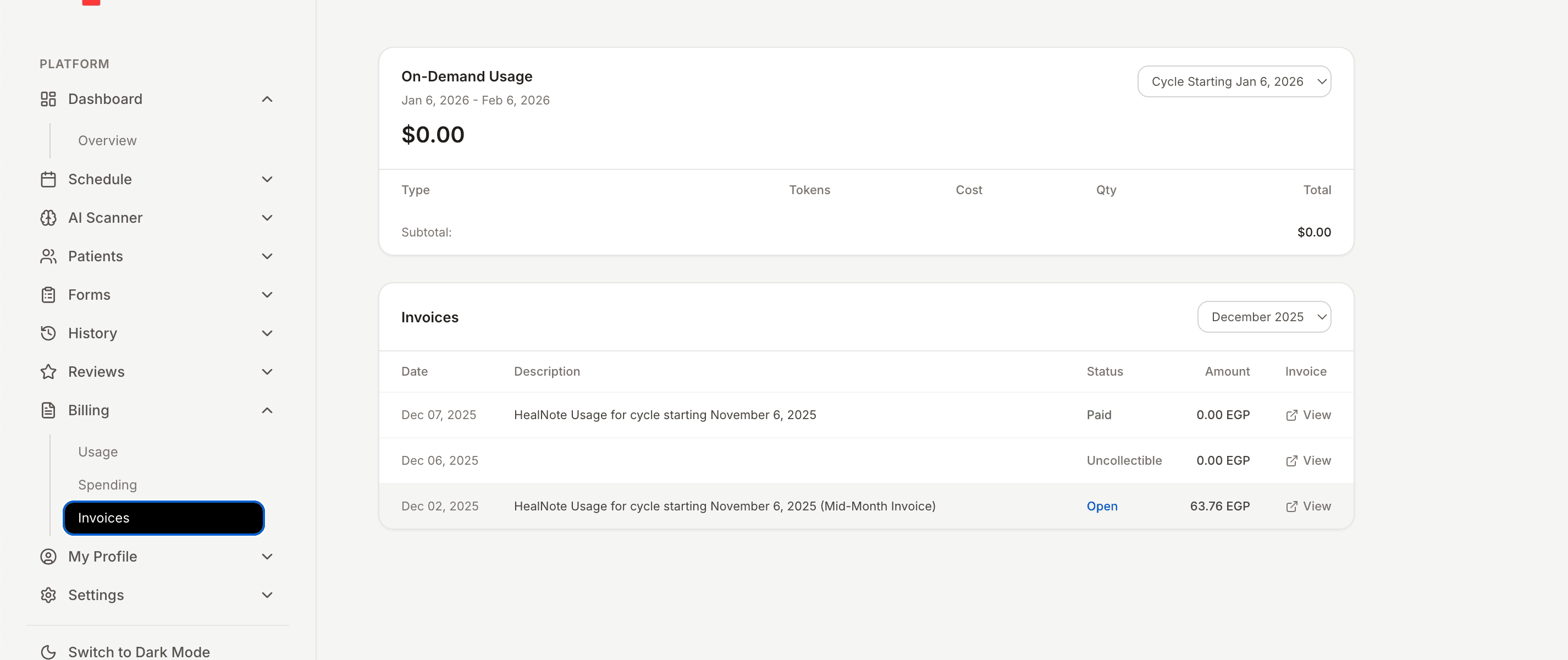 Usage analytics and billing dashboard