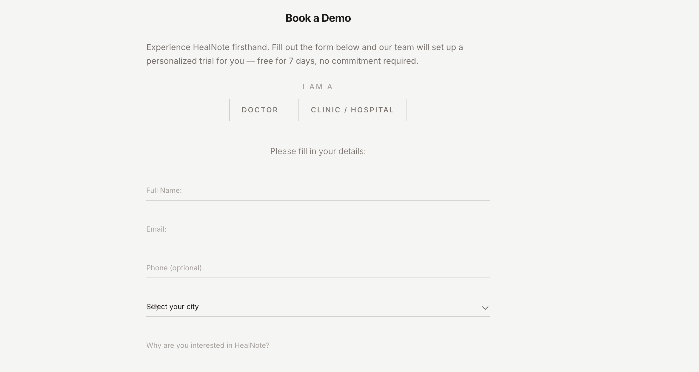 Book demo form on healnote.health