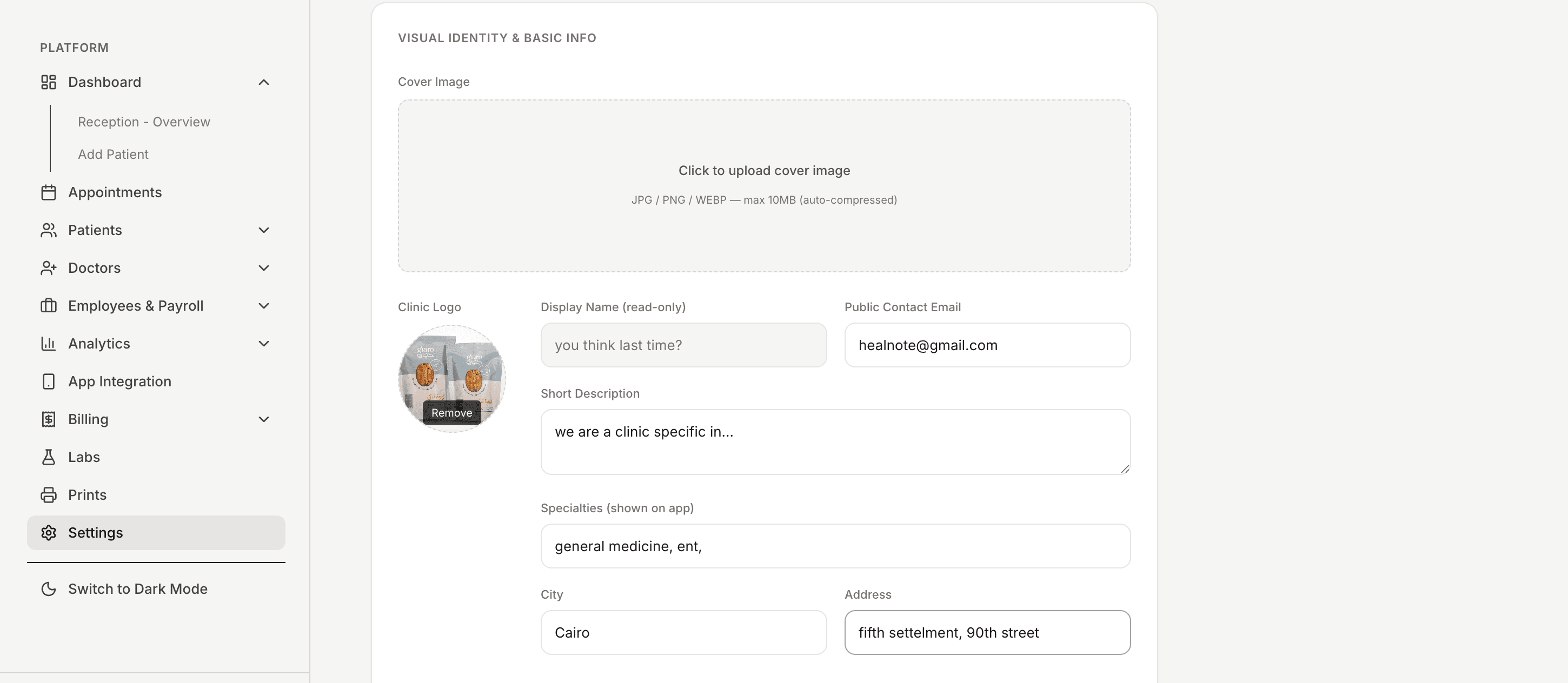 Clinic profile setup on web dashboard